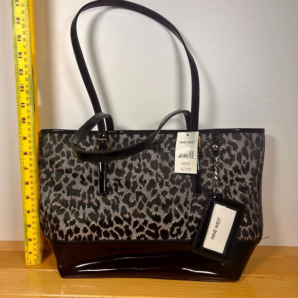 Nine West Glitter Mob Tote Purse Bag Leopard Print w/ Black Patent Trim New! - Picture 8 of 9